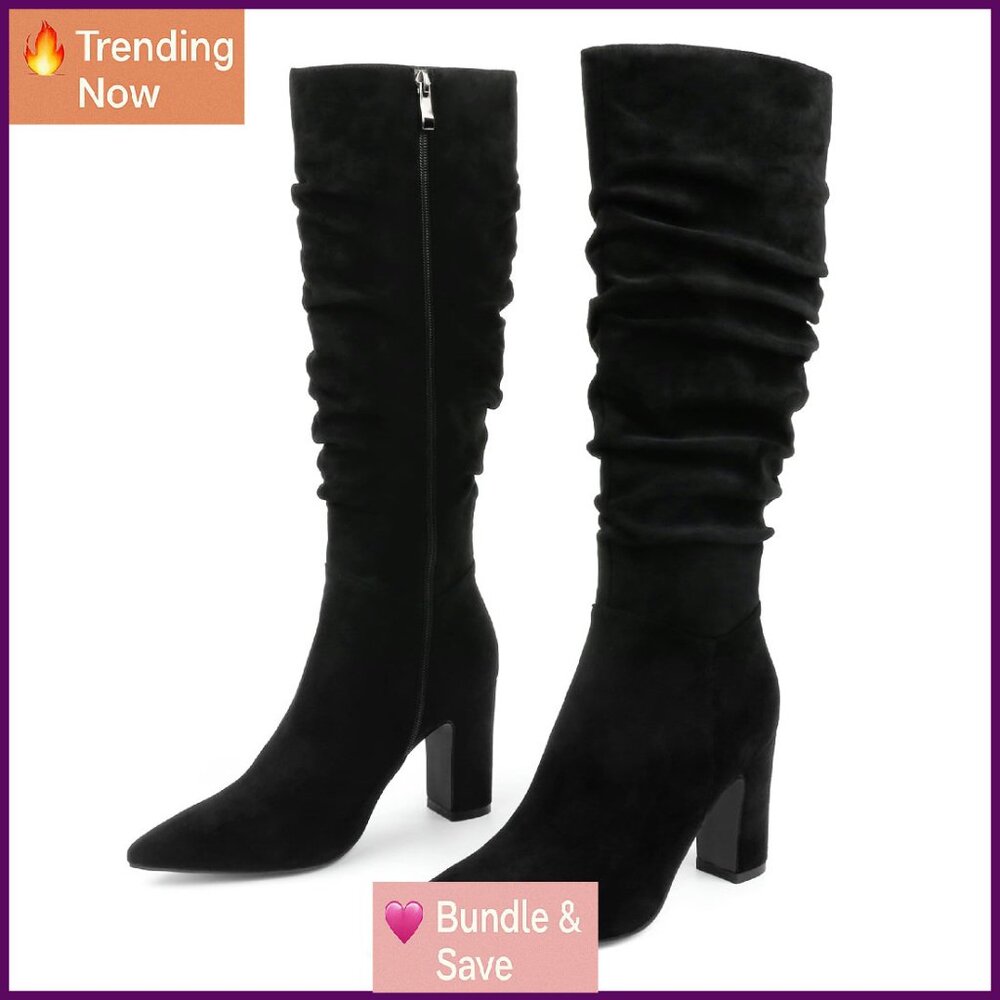 Knee High Boots with Block Heel, Pointed Toe, Sid… - image 1